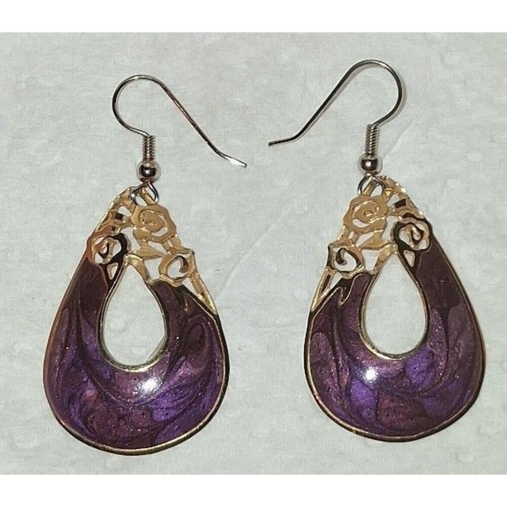 Vintage Tear drop gold toned, purple marbalized tear drop earrings